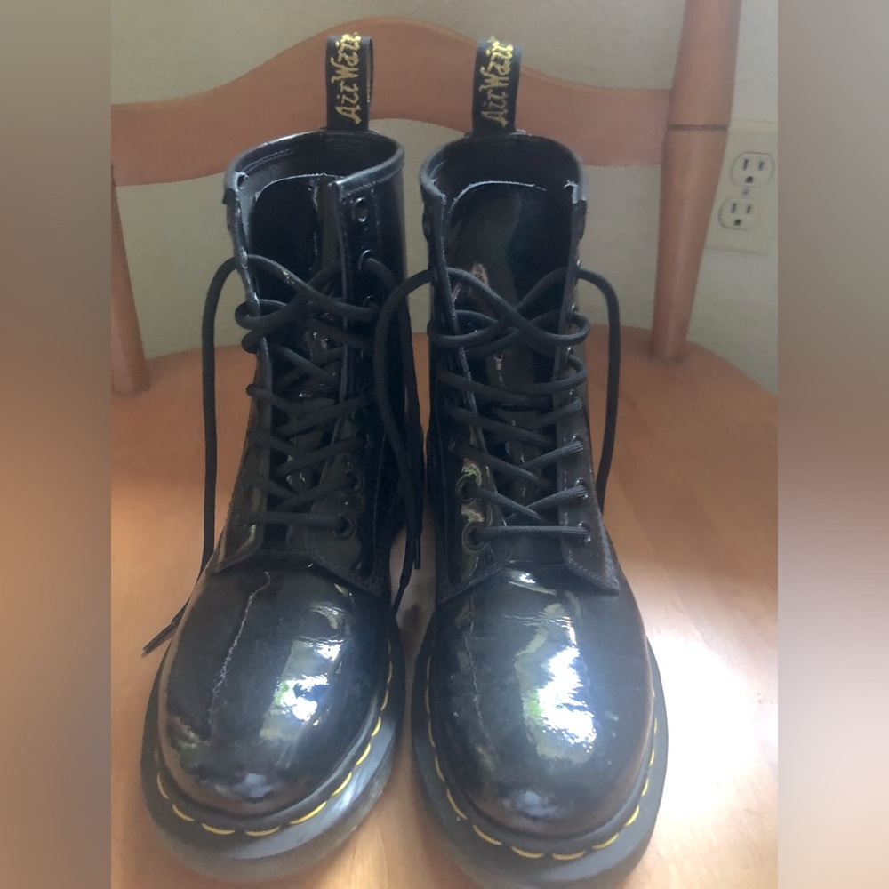 Dr Martins black patent leather 8 eye boots. Size 7